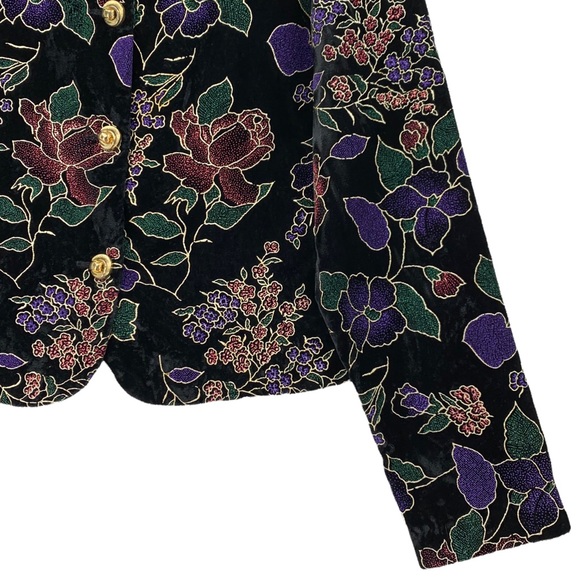 Vintage Black Velveteen Large Print Floral Evening Blazer Gold Metallic … - Picture 4 of 15